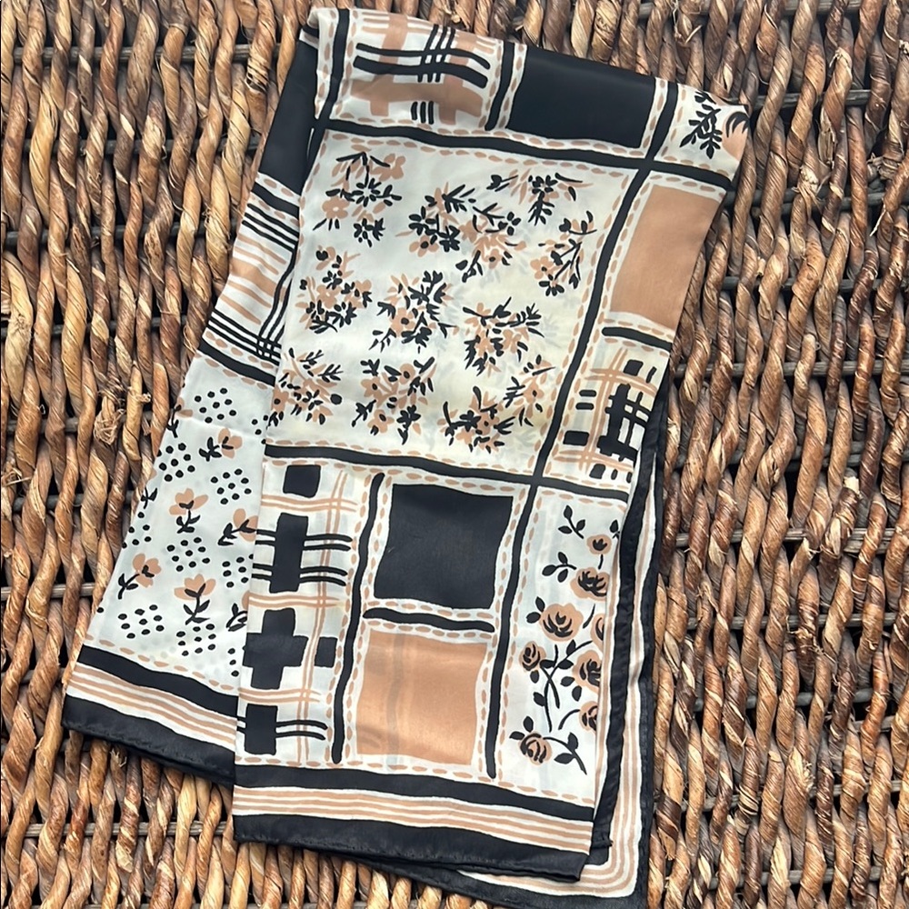 Chic Black and Tan Geometric Silk Blend Scarf